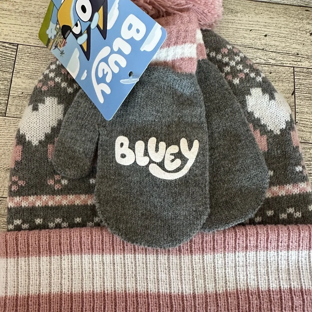 Bluey Gray and Pink Heart Knit Pom Pom Beanie with mittens